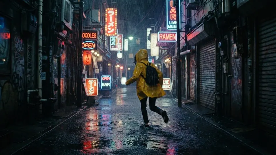 The city swallows her in rain.
