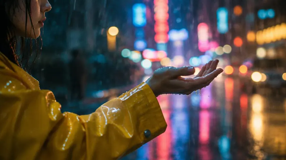 She reaches out to catch the rain.