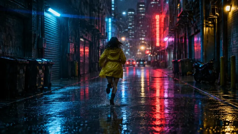 She runs through the neon alley.