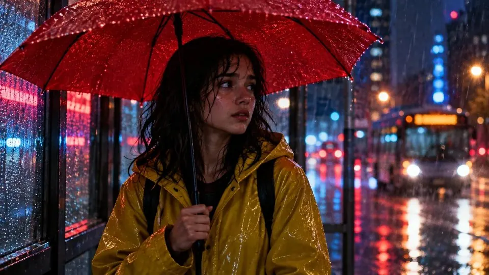 A red umbrella at the bus stop.